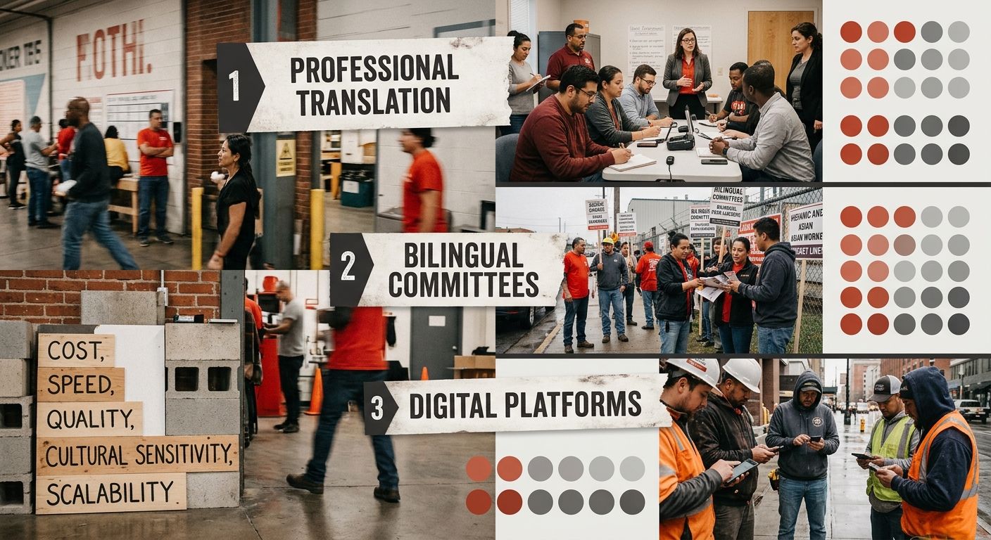A comparison table displayed as a visual chart showing three approaches to multilingual union organizing — professional translation, bilingual committees, and digital platforms — rated across cost, sp