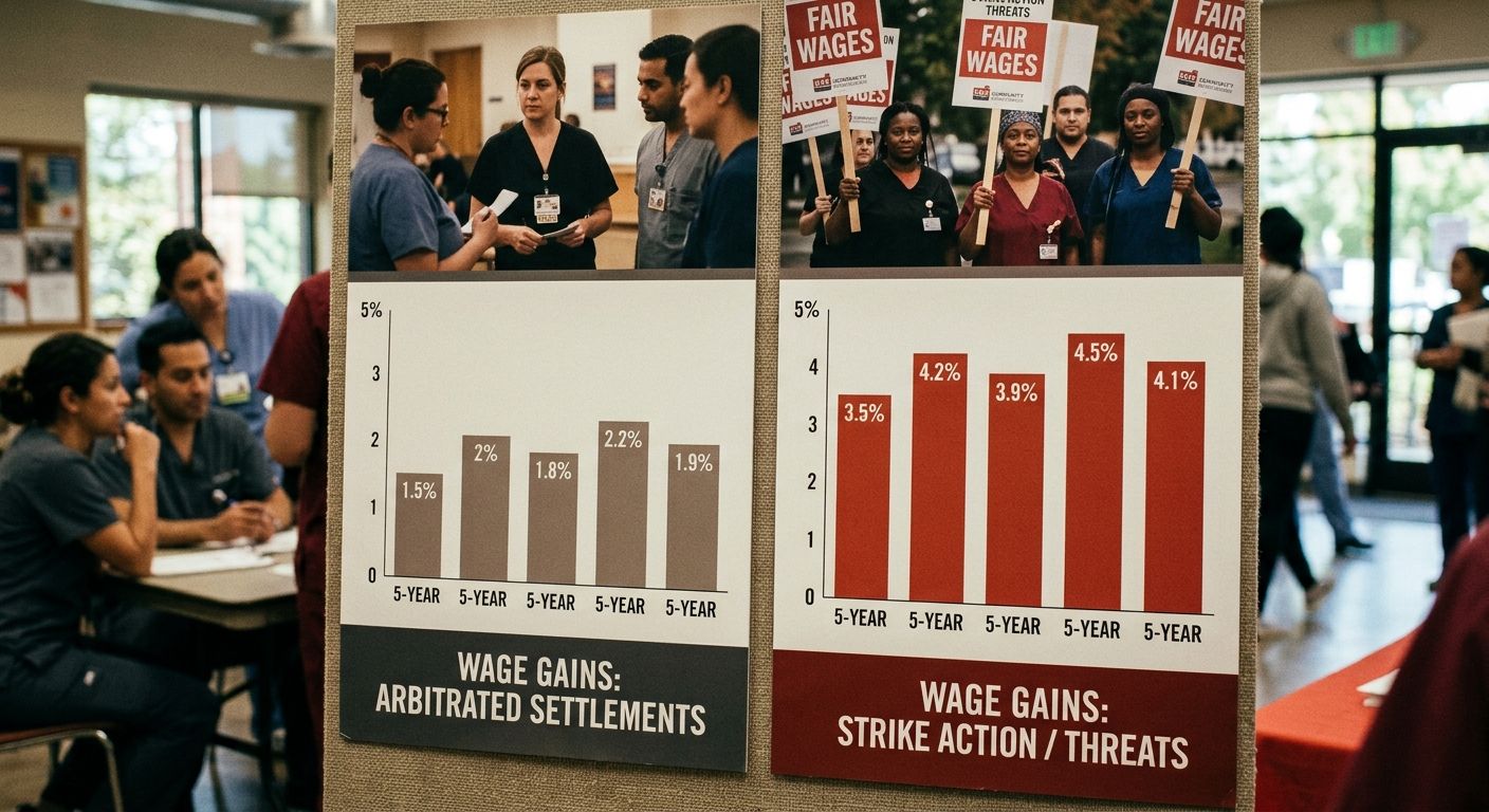A comparison chart showing two bar graphs side by side — one showing healthcare worker wage gains achieved through arbitrated settlements over 5-year periods versus wage gains achieved after strike ac