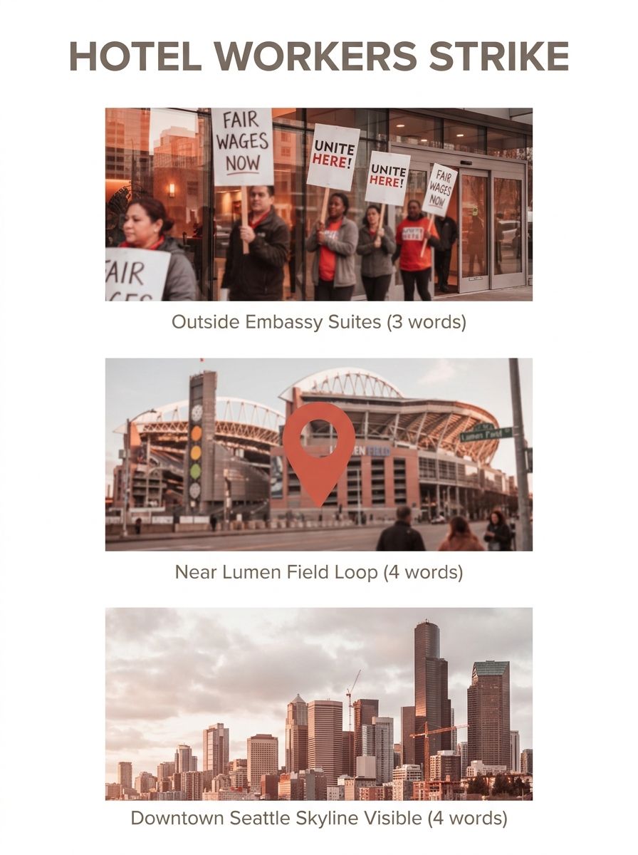 Hotel workers holding strike signs outside Embassy Suites near Lumen Field, with downtown Seattle skyline visible in background