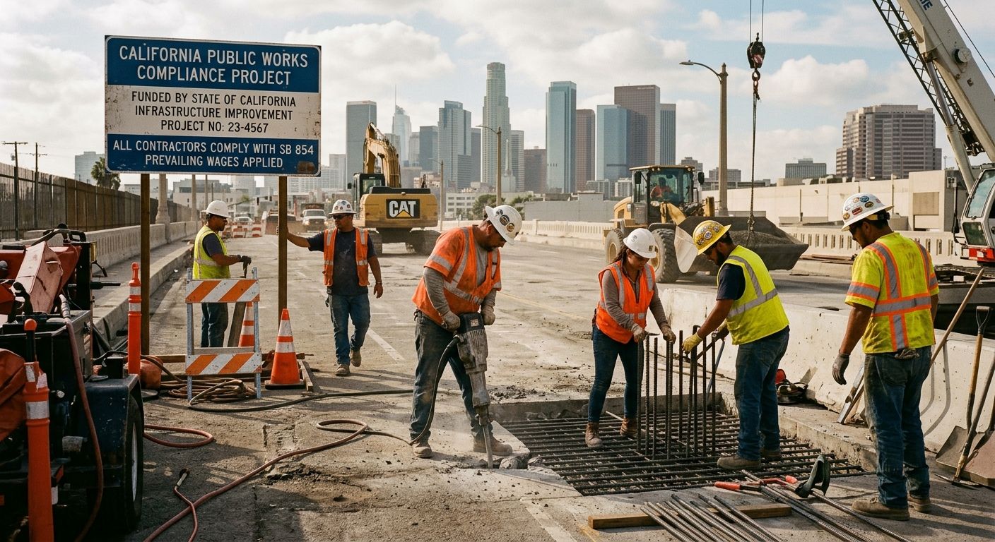 A construction site with workers in safety vests and hard hats working on a publicly funded California infrastructure project, with visible signage indicating public works compliance, city buildings i
