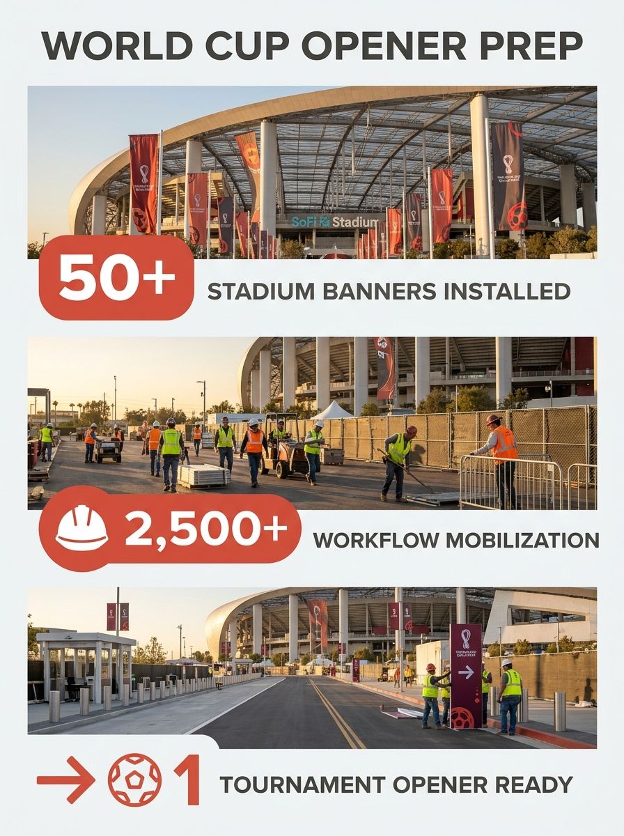 SoFi Stadium exterior with World Cup banners visible as workers prepare for the tournament opener