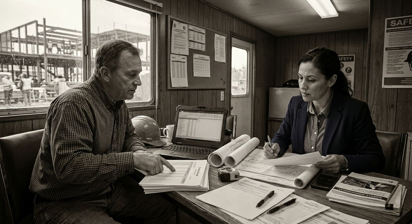 a union steward and a government compliance officer reviewing certified payroll documents together at a construction site trailer, with blueprints and a laptop visible on the table