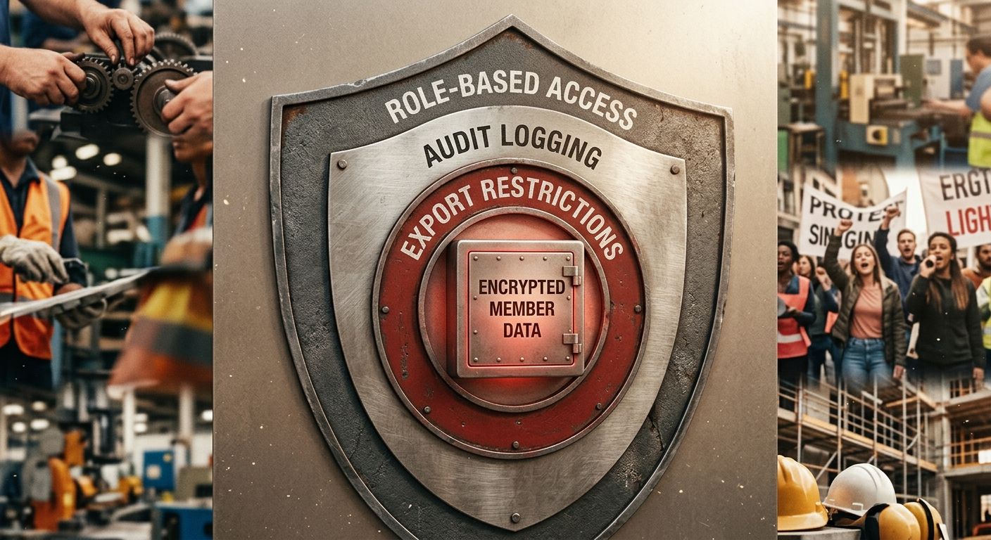 A shield-shaped diagram showing four layers of union data security, with role-based access at the outer layer, audit logging next, export restrictions third, and encrypted member data at the core, wit