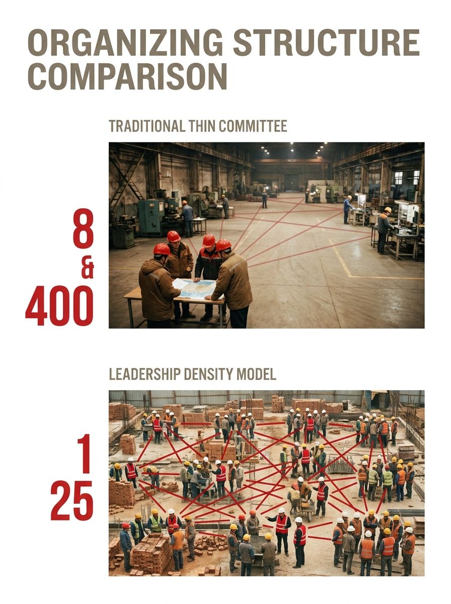 An infographic comparing a traditional thin organizing committee structure (8 leaders reaching 400 workers shown as a sparse network) versus a leadership density model (one leader per 25 workers shown