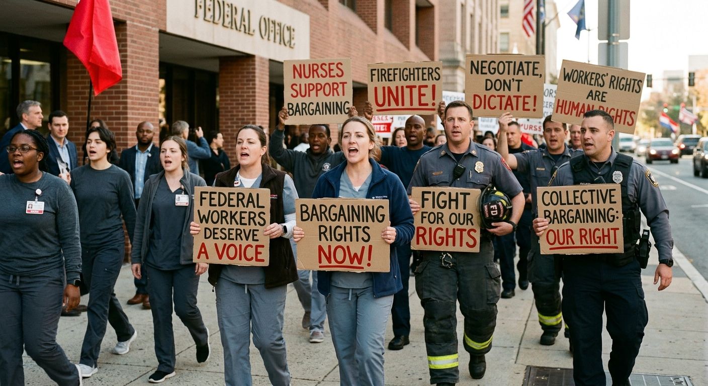 Federal workers including nurses, firefighters, and law enforcement officers holding signs at a rally calling for restoration of collective bargaining rights