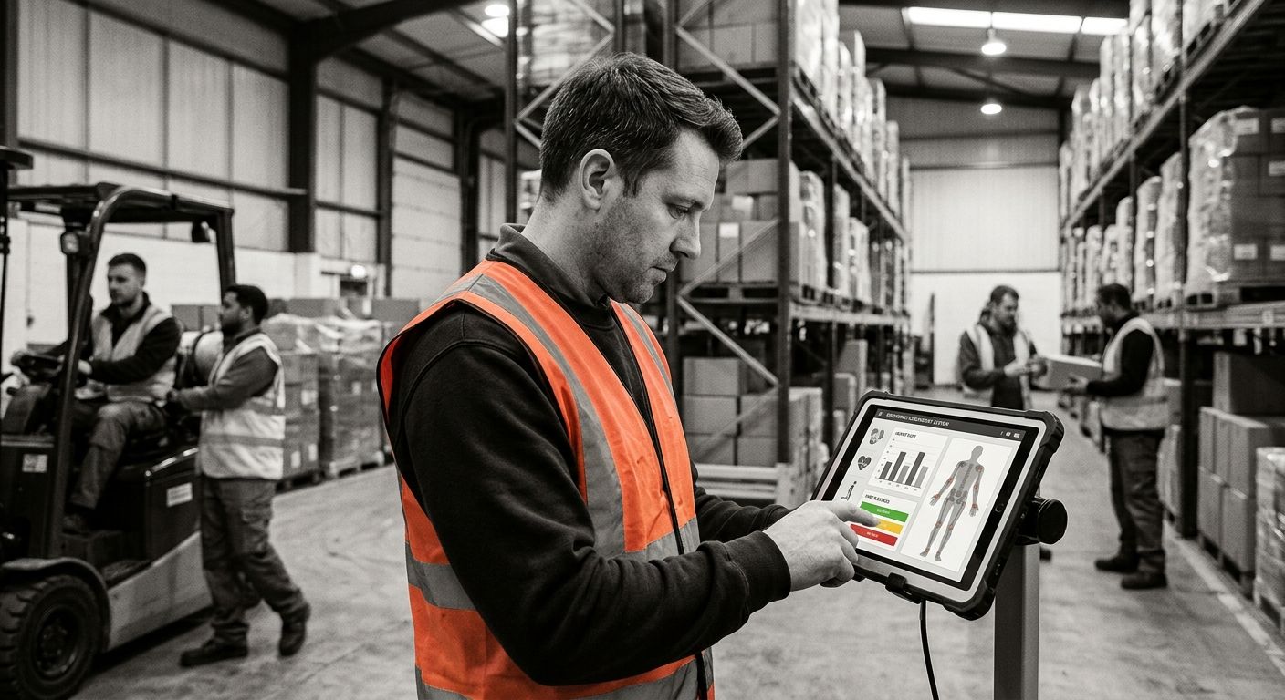 A warehouse worker wearing a safety vest looking at a digital monitoring screen showing ergonomic data and injury risk indicators, with other workers visible in the background operating equipment