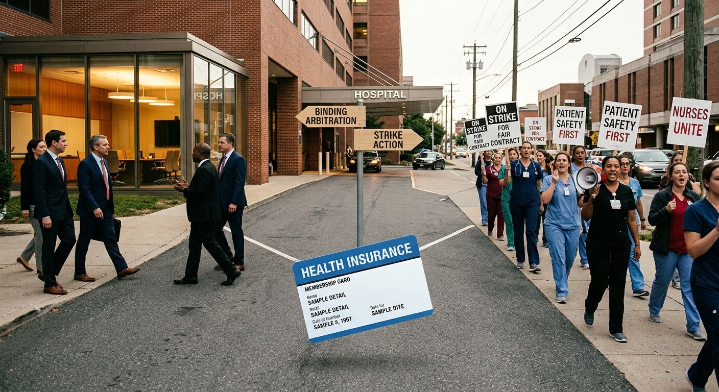 Illustration showing a hospital building with two diverging paths — one labeled "Binding Arbitration" depicting a private conference room, and another labeled "Strike Action" showing nurses on a picke