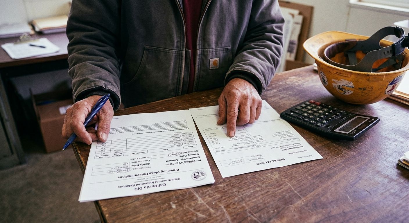 A close-up of a worker's hands comparing a printed pay stub against a California DIR prevailing wage determination sheet, with a calculator and hard hat on the table beside them