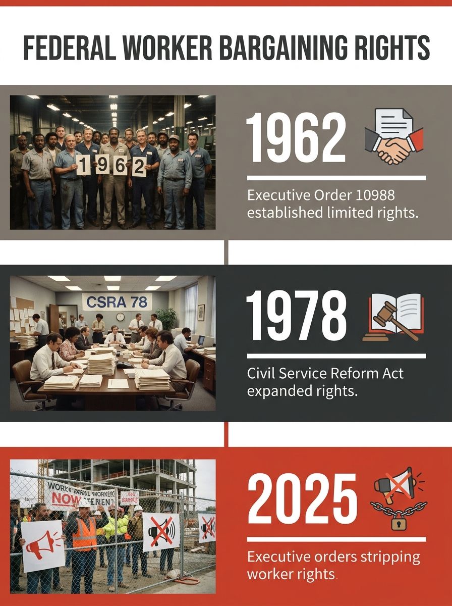 A timeline infographic showing key dates in federal worker bargaining rights history, starting with Executive Order 10988 in 1962, the Civil Service Reform Act of 1978, and the 2025 executive orders s