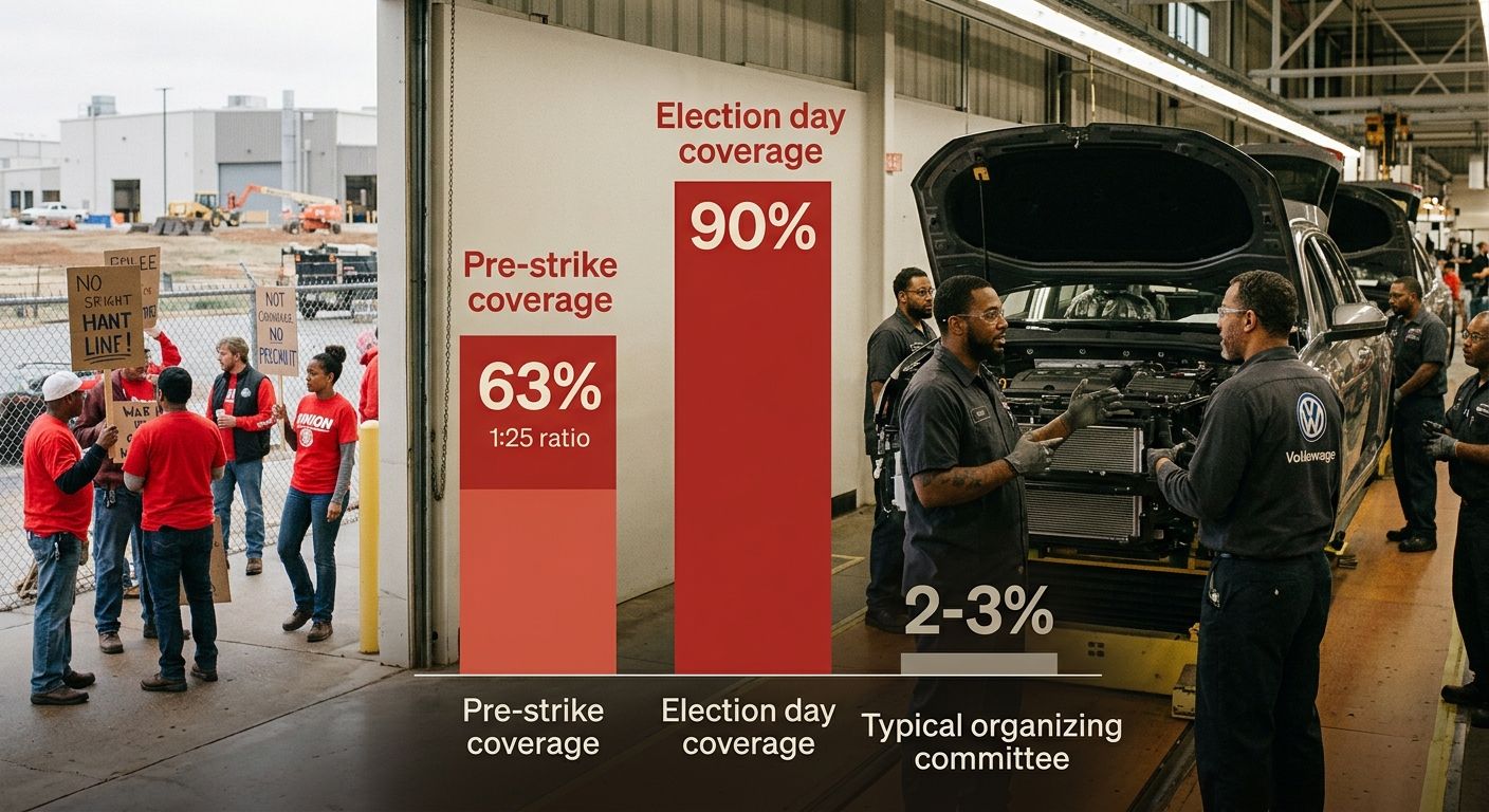 A bar chart showing VW Chattanooga organizing density progression from pre-strike coverage of 63 percent at 1:25 ratio to election day coverage of 90 percent, with a comparison bar showing the typical