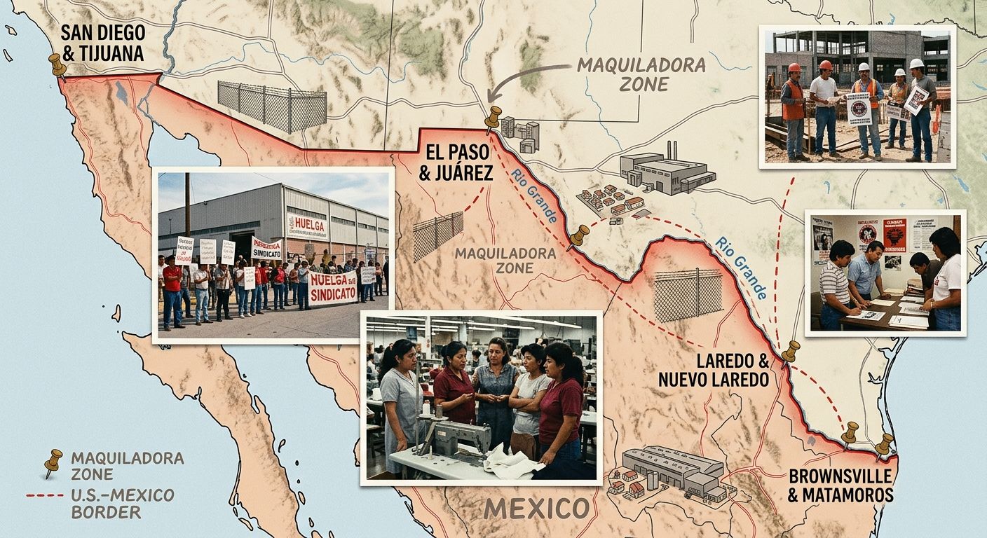 a map illustration of the Mexico-U.S. border region showing maquiladora plant locations where cross-border union organizing campaigns took place, with labeled pins at key cities and factory sites