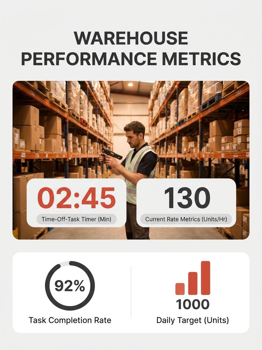 A warehouse worker holding a handheld scanner, surrounded by tall shelves of packages, with a digital overlay showing time-off-task countdown timer and rate metrics