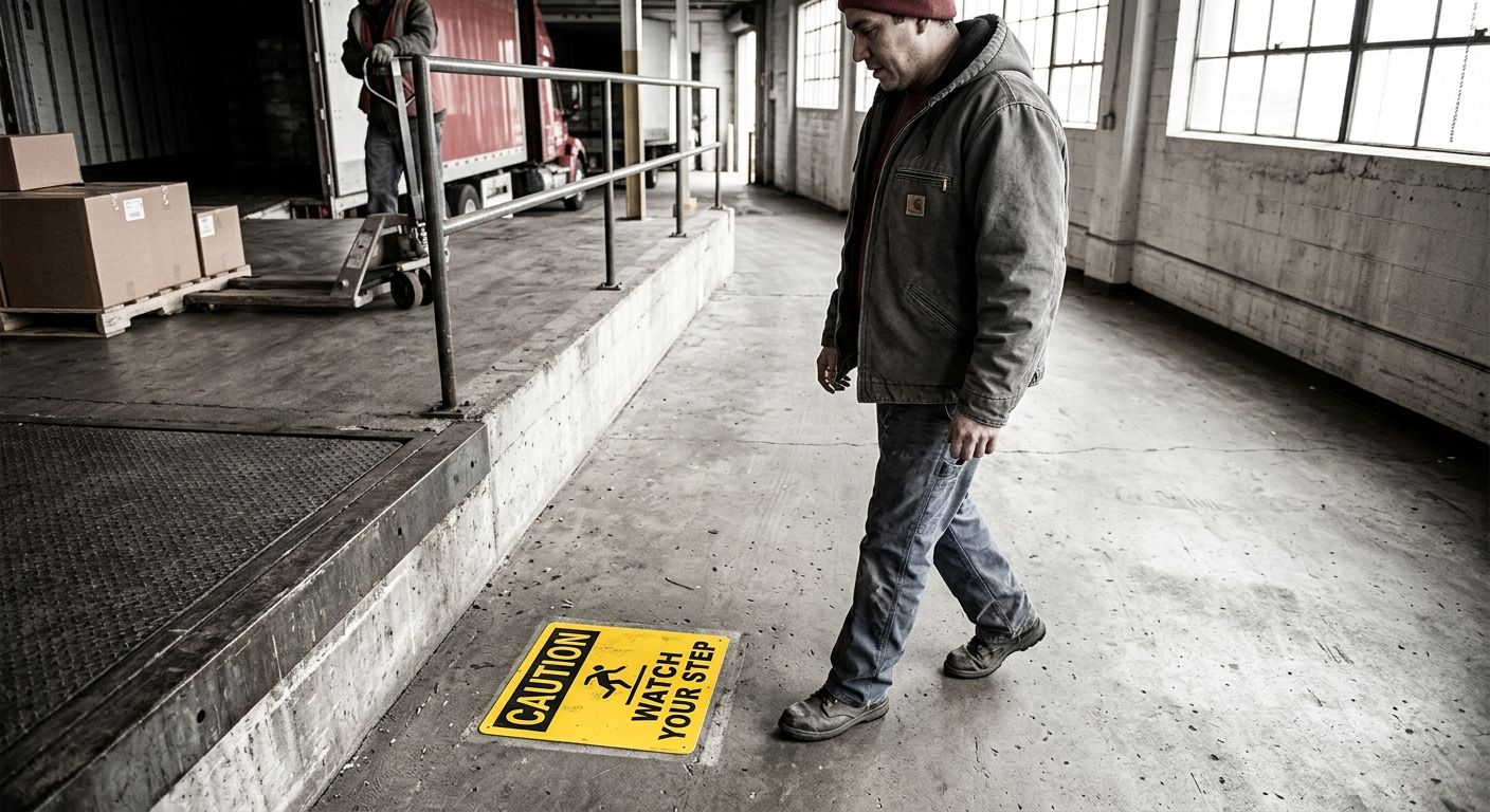 A warehouse floor showing a bright yellow caution sign mounted directly on the floor surface near a loading dock edge, with a worker approaching the area and clearly able to see the sign from several 