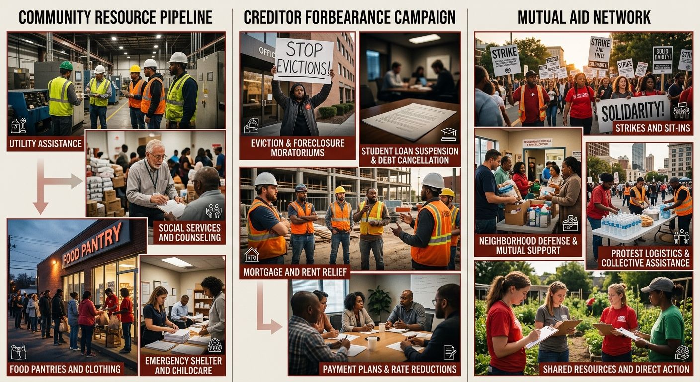 A diagram showing the three components of ground-level hardship infrastructure - community resource pipeline, creditor forbearance campaign, and mutual aid network - with specific examples of resource
