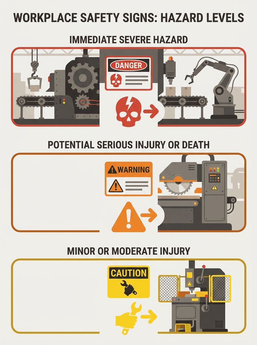 A side-by-side comparison showing three workplace safety signs — a red DANGER sign, an orange WARNING sign, and a yellow CAUTION sign — each mounted near industrial machinery with clear text describin