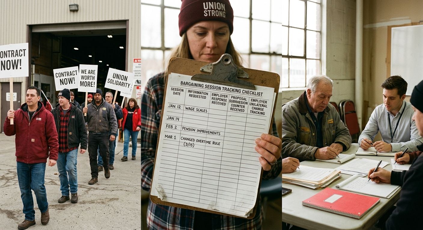 a document checklist showing key items a union bargaining committee should track during negotiations, including session dates, information requests, employer response times, proposal submissions, and