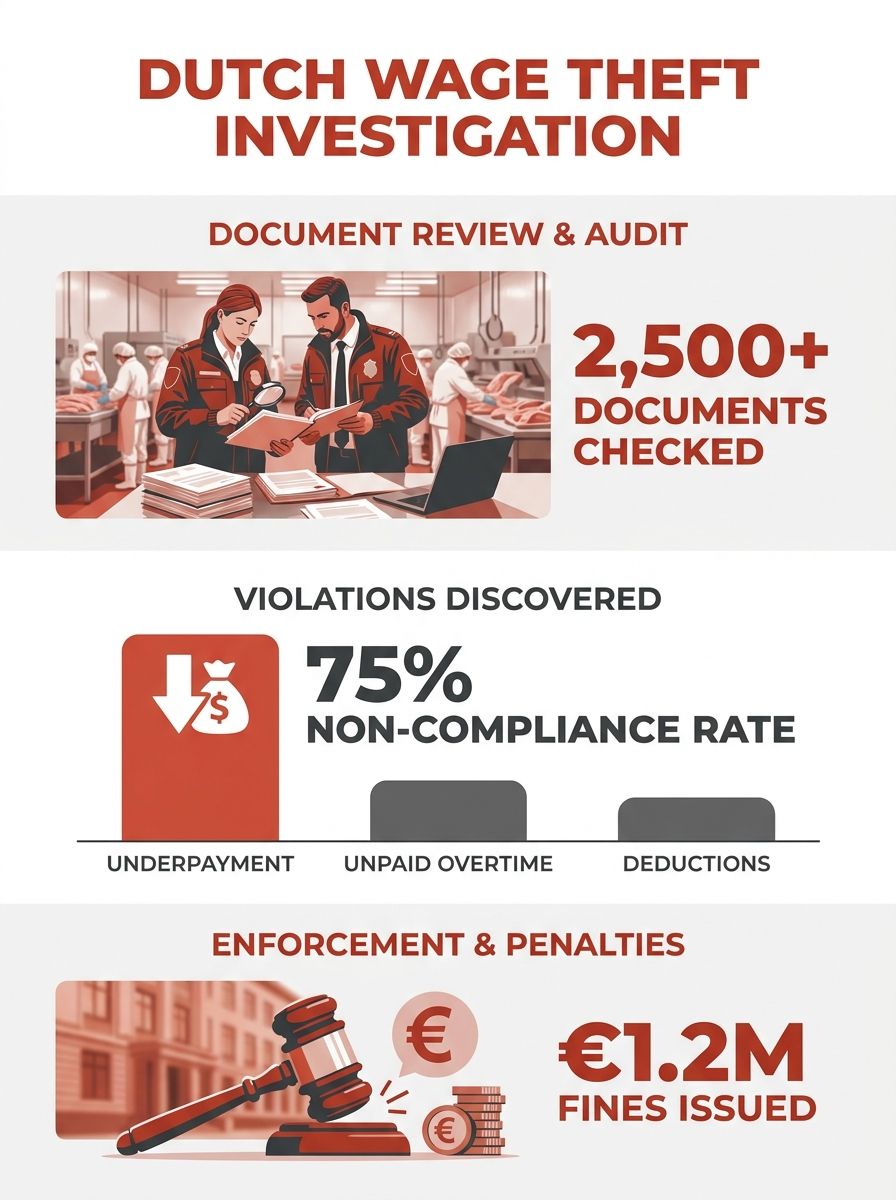 Dutch labour inspectorate enforcement officers reviewing documents during wage theft investigation in meat-processing facility