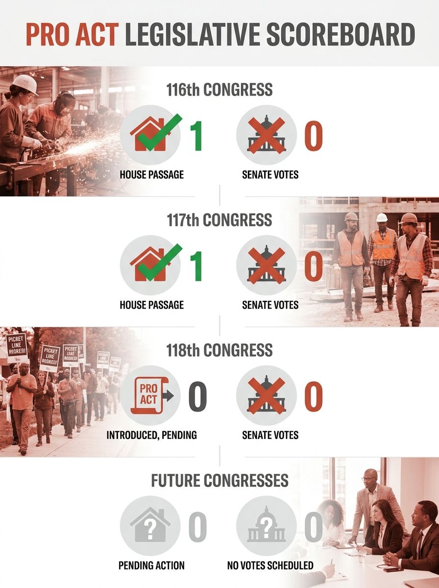 A legislative scoreboard showing the PRO Act's introduction timeline across four Congresses with House passage marked once and Senate votes marked zero, designed as an infographic with red and green i