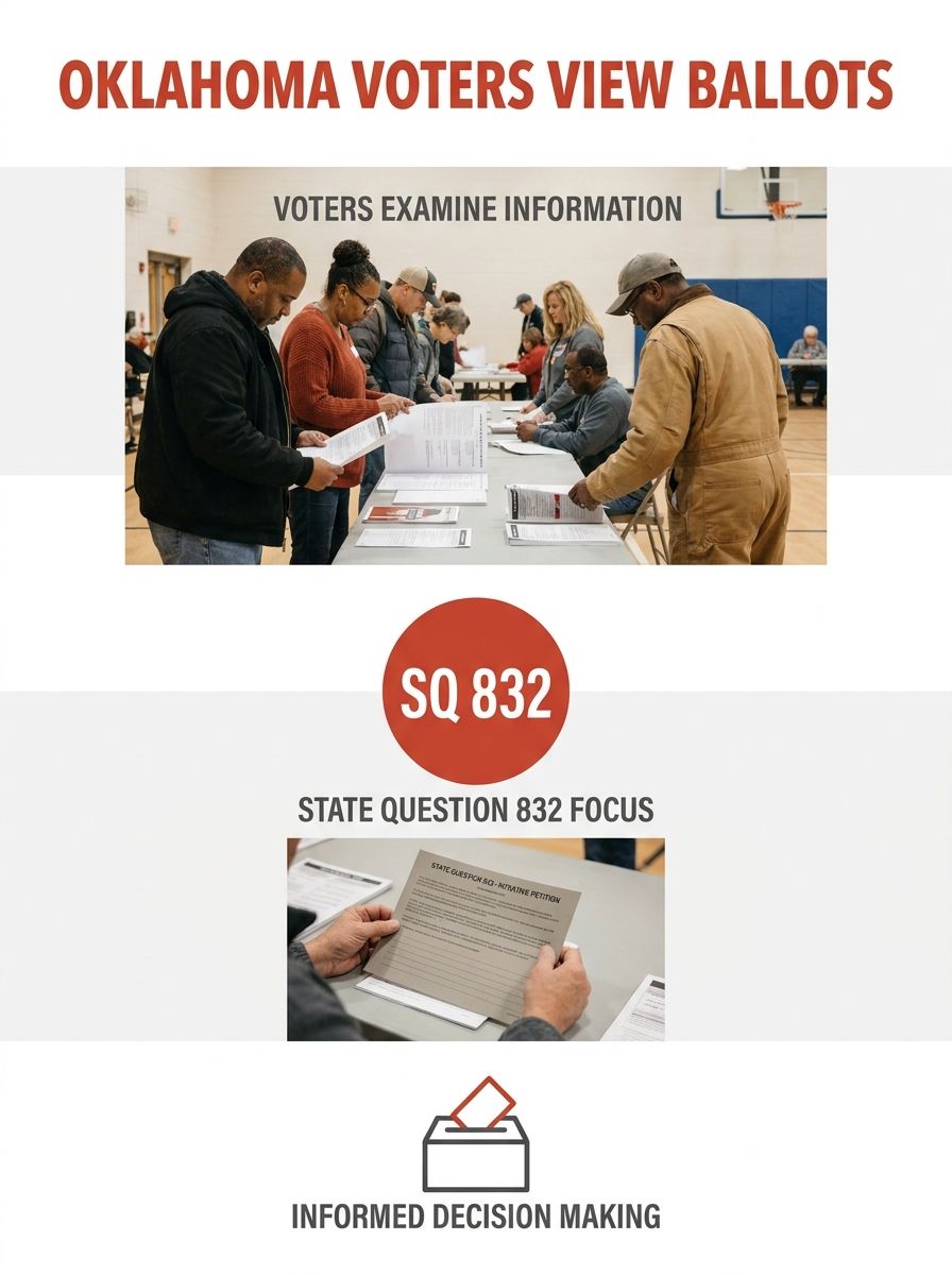 Oklahoma voters reviewing ballot information at a polling station, with State Question 832 materials visible on a table