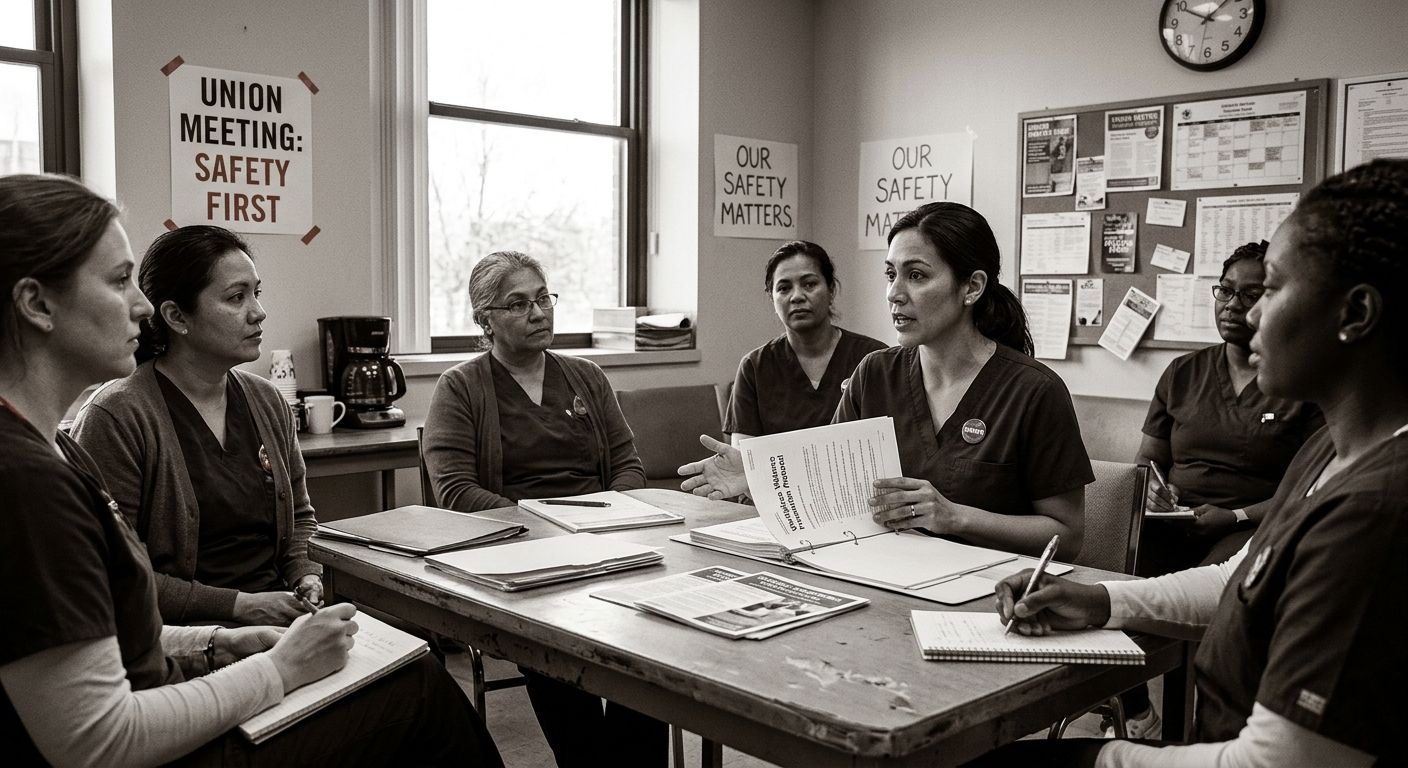 Registered nurses holding union safety protocol meeting to discuss workplace violence prevention measures