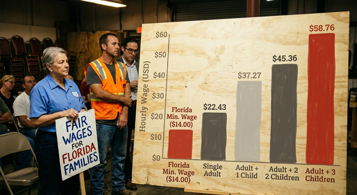 A bar chart comparing Florida's current $14.00 minimum wage against MIT living wage estimates for different household sizes in Florida: single adult at $22.43, adult plus one child at $37.27, adult pl