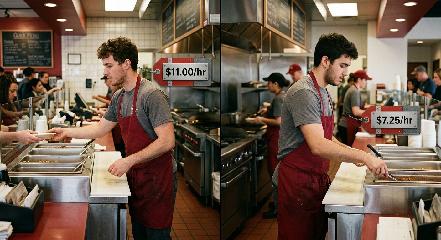 side-by-side comparison illustration showing two Ohio workers doing identical restaurant work, one at a business above the gross receipts threshold earning $11.00/hr and one below the threshold earnin
