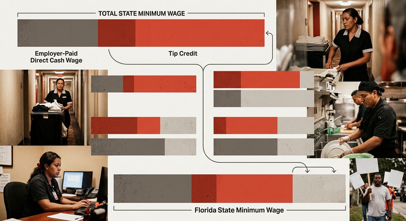 A visual diagram showing how tip credit works in Florida, with stacked horizontal bars comparing the employer-paid direct cash wage portion and the tip credit portion adding up to equal the full state