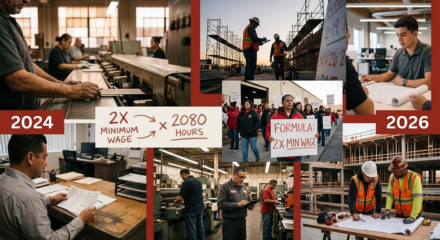 visual comparison showing the California exempt salary threshold rising in lockstep with minimum wage increases from 2024 to 2026, with the formula 2x minimum wage x 2080 hours illustrated