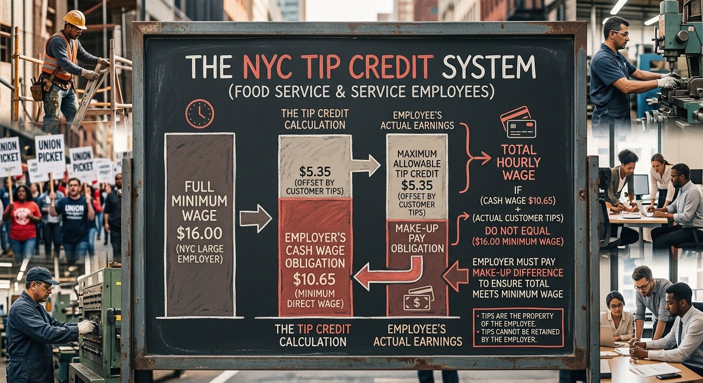 A diagram showing how the NYC tip credit system works, with the $16.00 minimum wage split into cash wage ($10.65) and tip credit ($5.35) portions, with an arrow showing employer make-up pay obligation