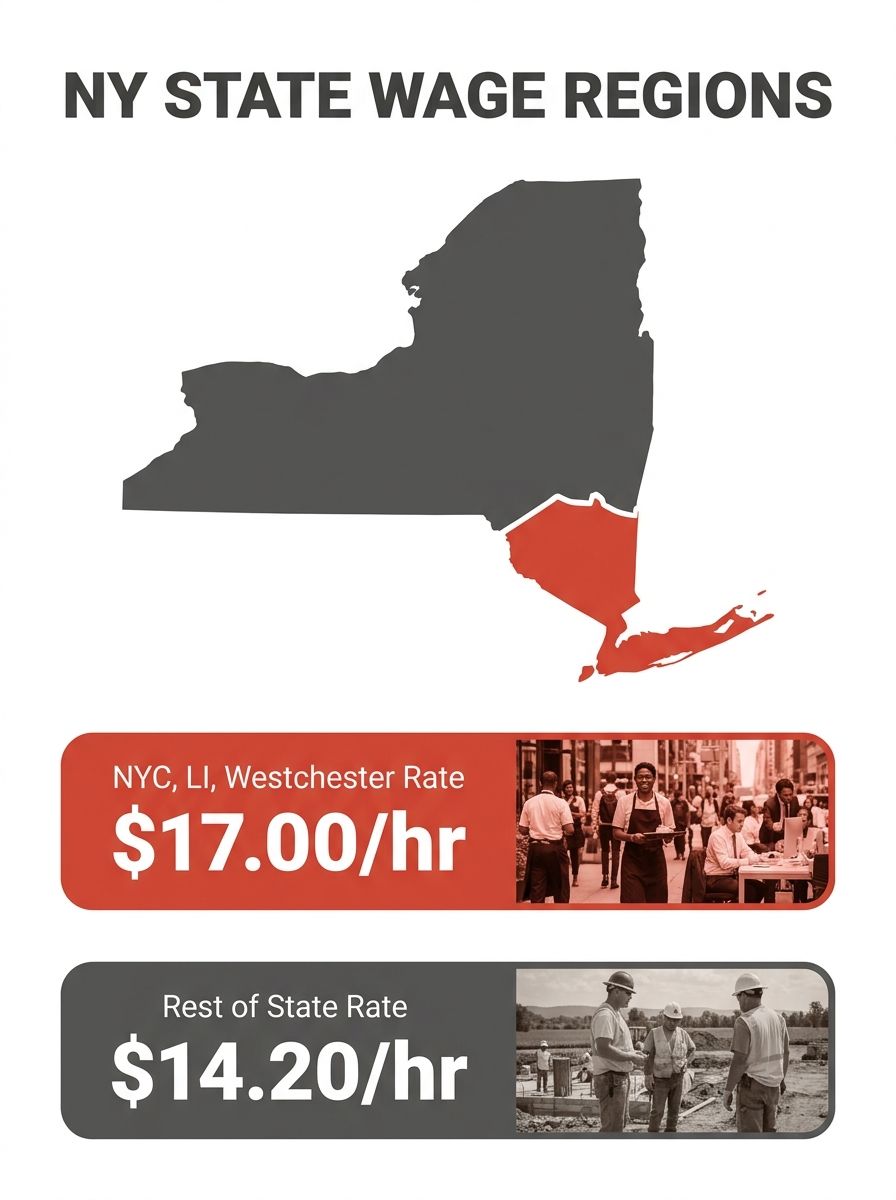 A map of New York State divided into wage regions, showing NYC, Long Island, and Westchester in one color at $17.00/hr, and the rest of the state in another color at a lower rate