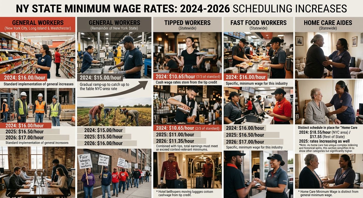 An infographic comparing four different minimum wage categories in New York State for 2024-2026: general workers (both tiers), tipped workers, fast food workers, and home care aides, showing each rate