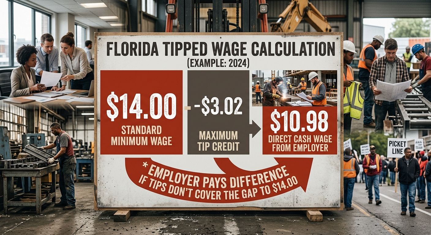 A diagram showing how the tipped wage calculation works in Florida, starting with the $14.00 standard rate on the left, subtracting the $3.02 tip credit in the middle to arrive at $10.98 direct cash w