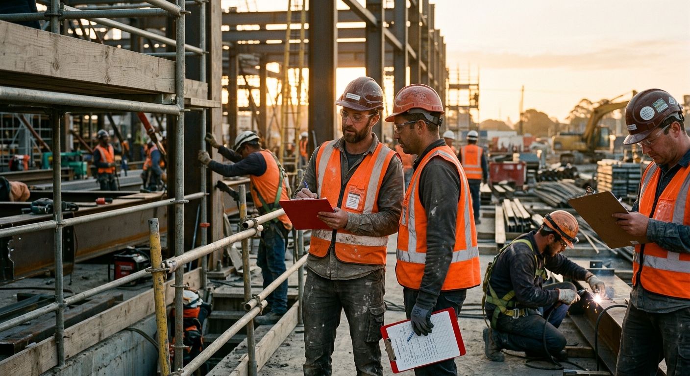 Workplace safety inspection with clipboards and protective equipment visible