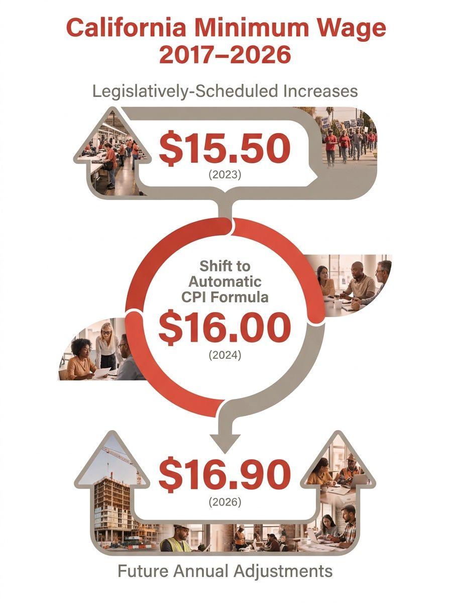 infographic showing California minimum wage progression from 2017 through 2026, with the shift from legislatively-scheduled increases to the automatic CPI formula clearly marked at 2024