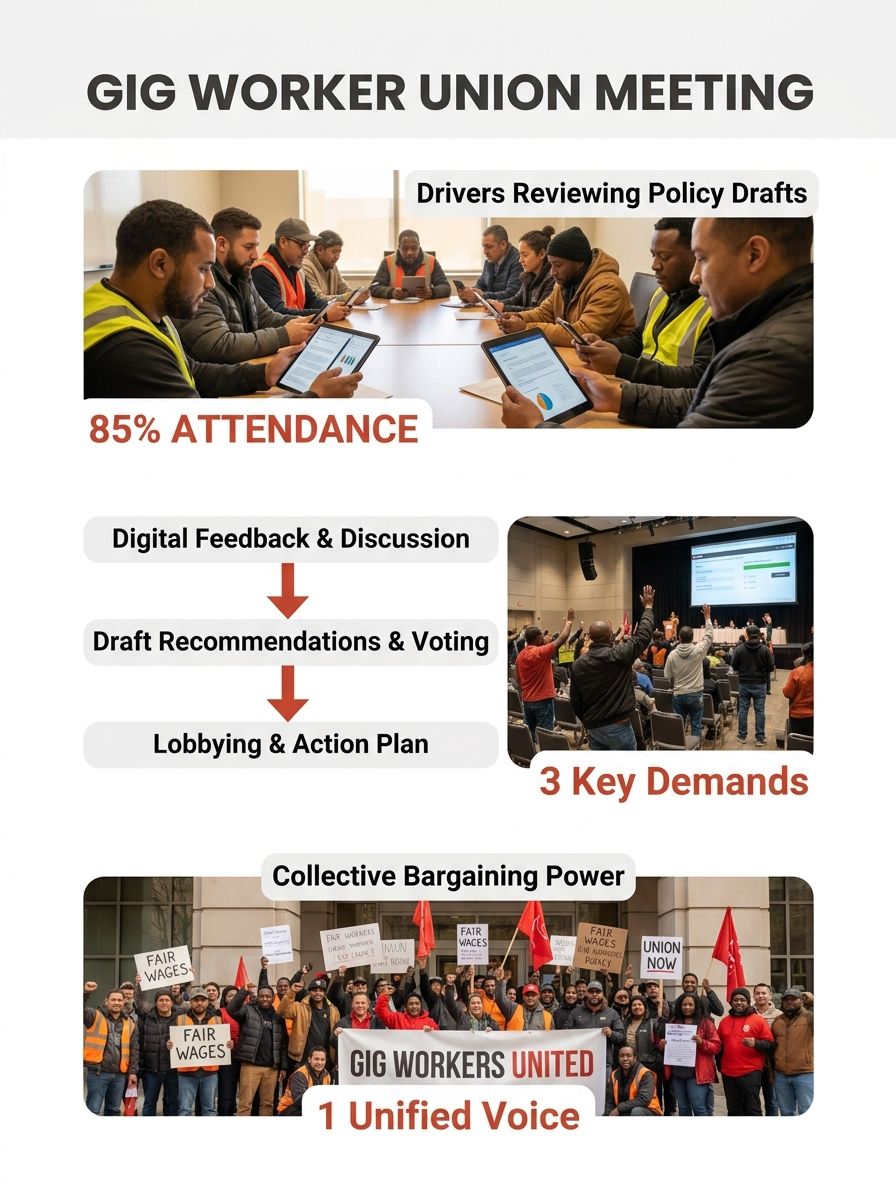 Gig worker drivers gathered at a union meeting reviewing draft policy recommendations on mobile devices