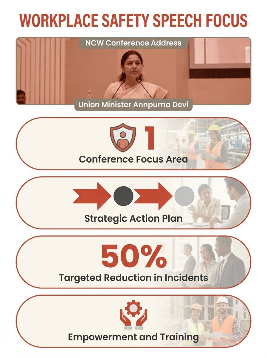 Union Minister Annpurna Devi speaking at a podium at the National Commission for Women conference on workplace safety