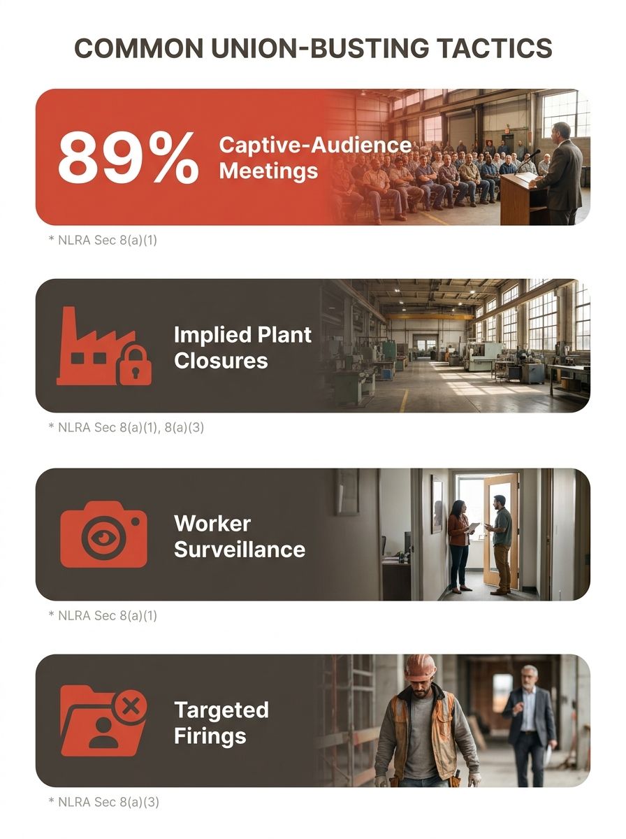 An infographic showing the most common union-busting tactics and their frequency in organizing campaigns, including captive-audience meetings at 89%, threats of plant closure, surveillance of organize