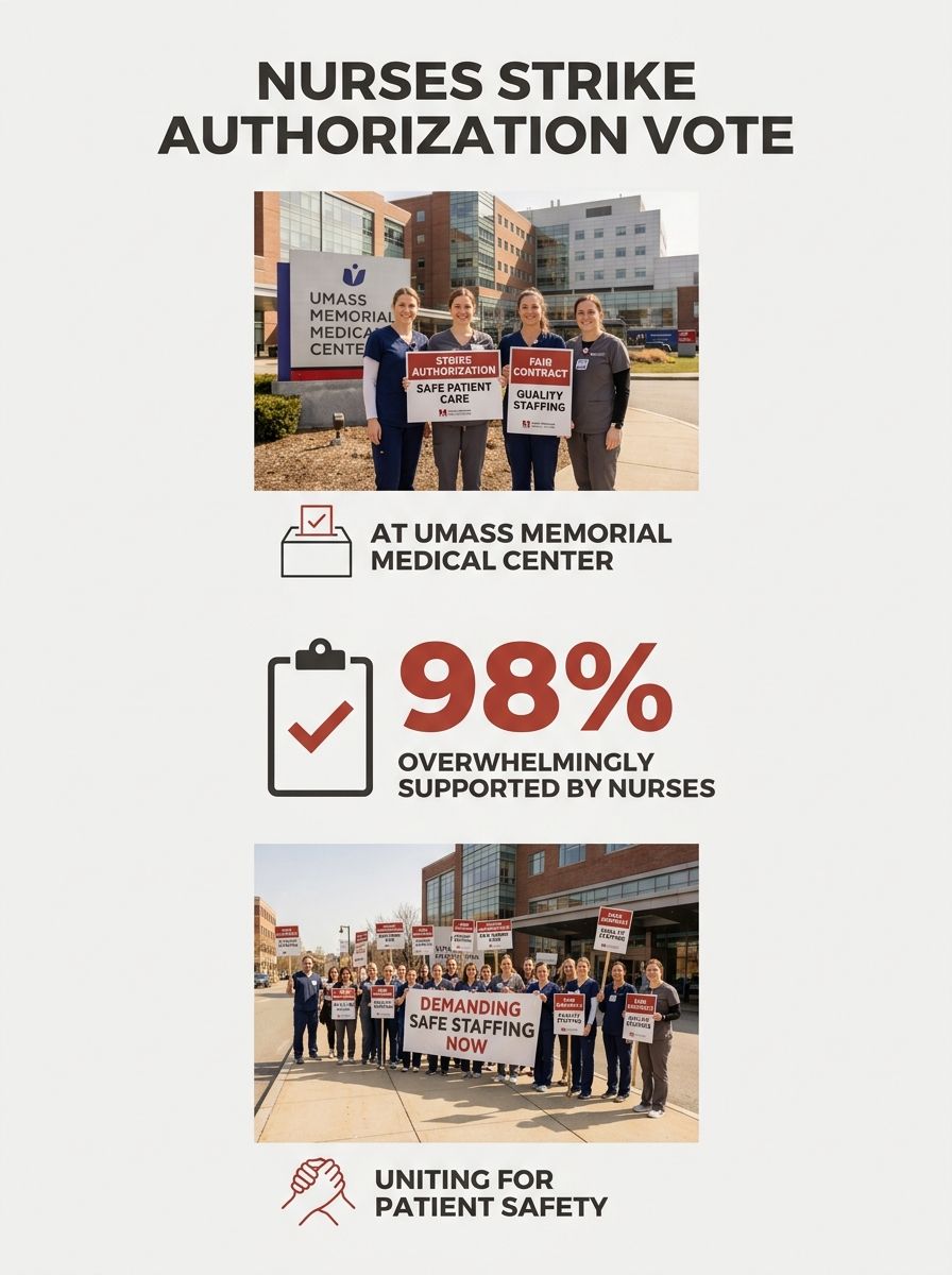 Nurses in scrubs holding strike authorization signs outside UMass Memorial Medical Center University Campus in Worcester, Massachusetts