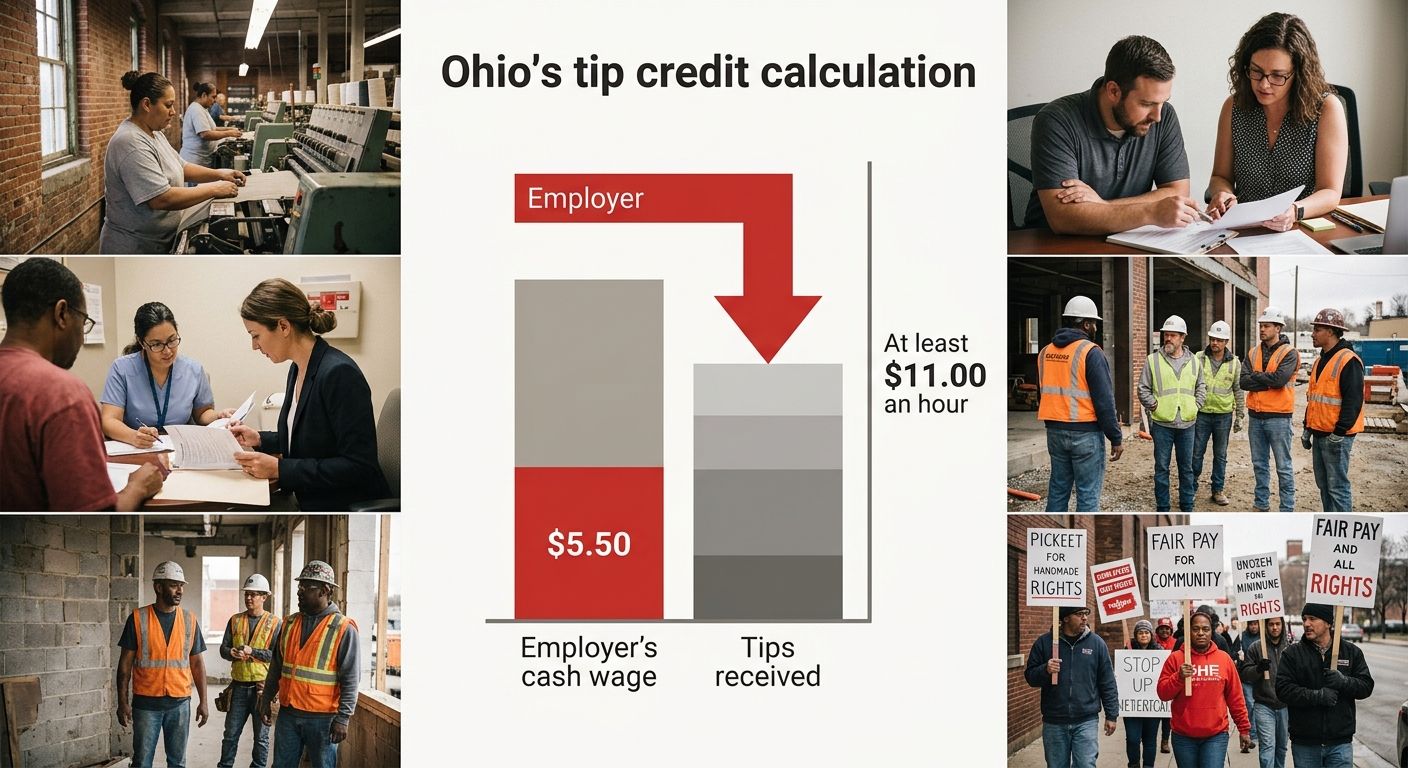 diagram showing Ohio's tip credit calculation, employer pays $5.50 base, tips must bring total to at least $11.00, with an arrow showing employer obligation to cover any gap between tips and the full