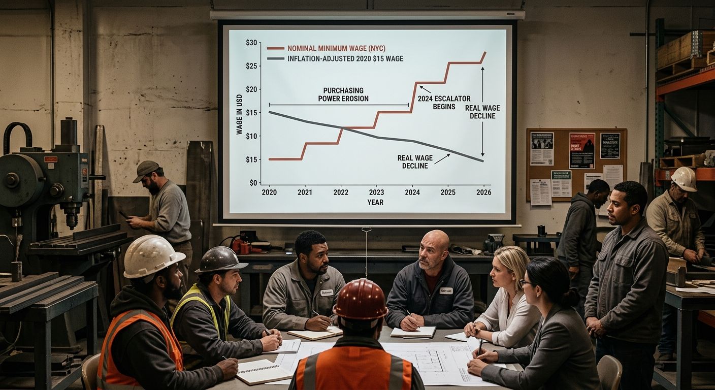 A line graph showing the nominal minimum wage in New York City from 2020 to 2026 alongside the inflation-adjusted value of the 2020 $15 wage, illustrating how purchasing power eroded before the 2024 e