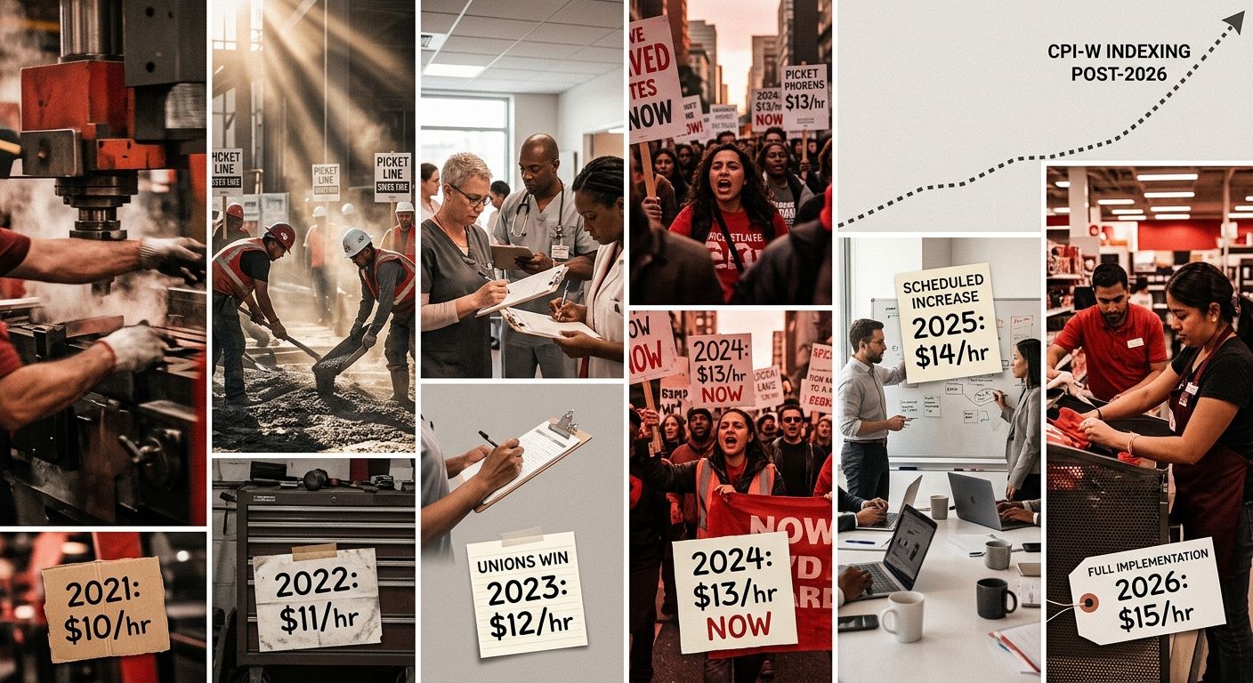 An infographic showing the six-step minimum wage ladder from $10 in 2021 to $15 in 2026, with each step labeled by year and rate, and a dotted line continuing upward representing CPI-W indexing after 