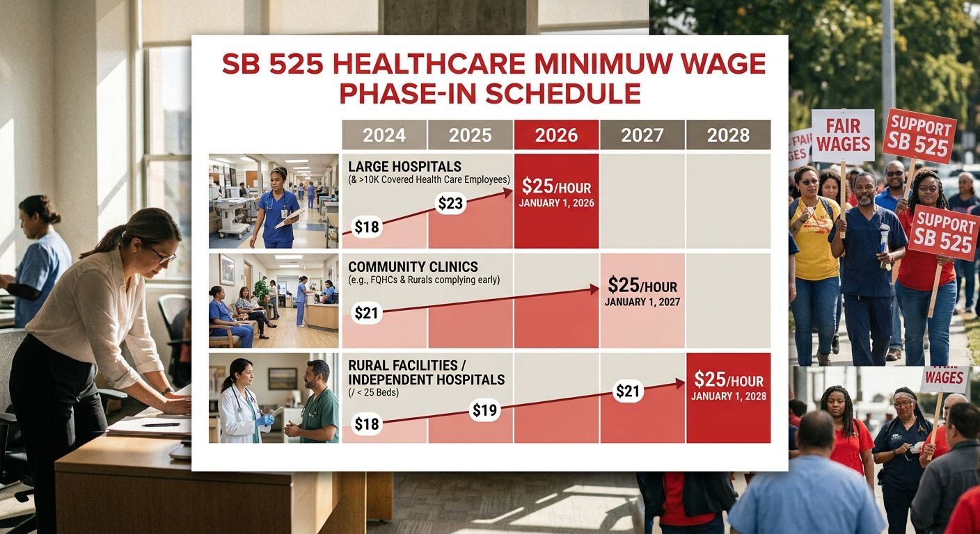 diagram showing SB 525 healthcare minimum wage phase-in schedule by facility type, with large hospitals reaching $25/hour first and rural facilities on a slower timeline through 2028