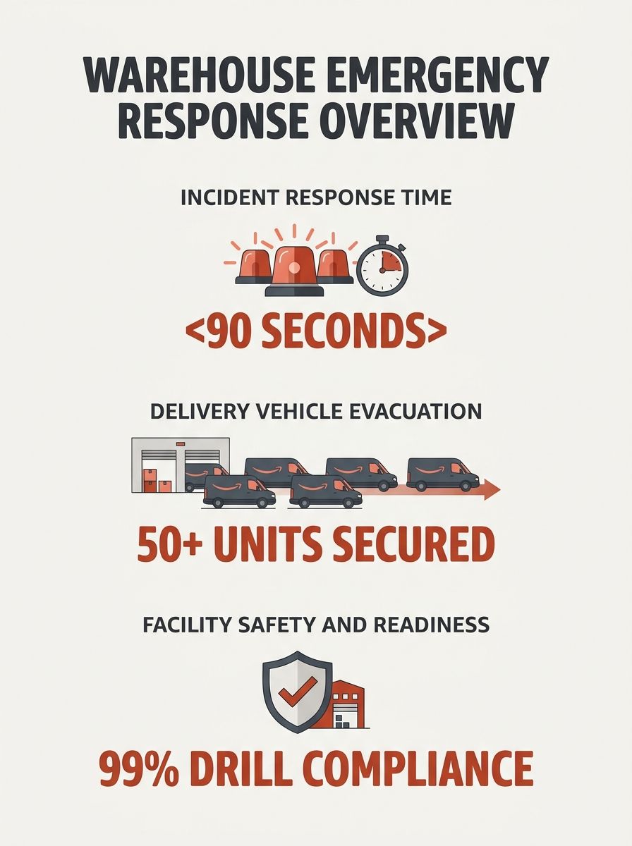 Emergency responders at warehouse facility with Amazon delivery vehicles