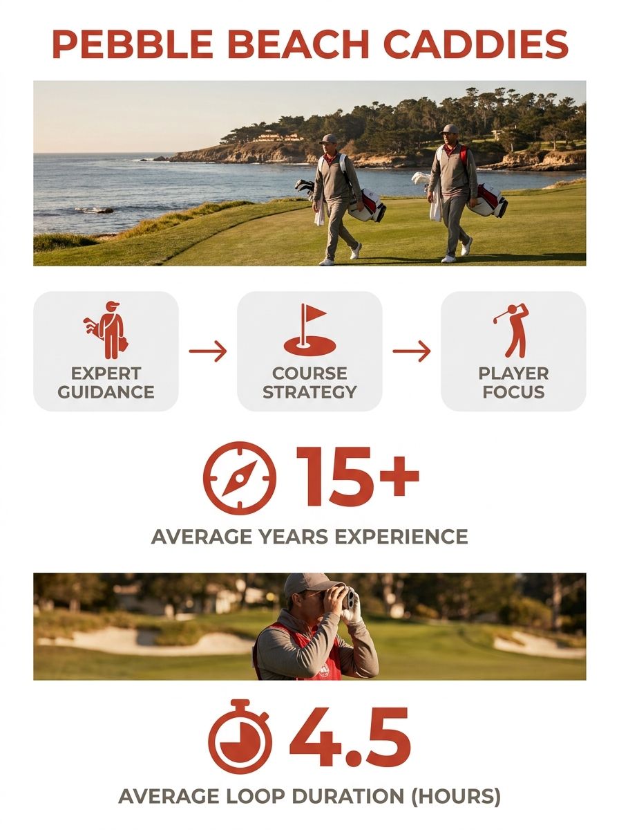 Golf caddies walking along oceanside fairway at Pebble Beach with bags