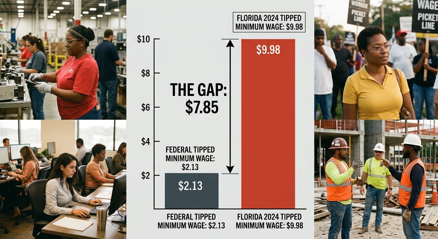 side-by-side bar chart comparing Florida's 2024 tipped minimum wage of $9.98 per hour against the federal tipped minimum wage of $2.13 per hour, with the $7.85 gap clearly labeled