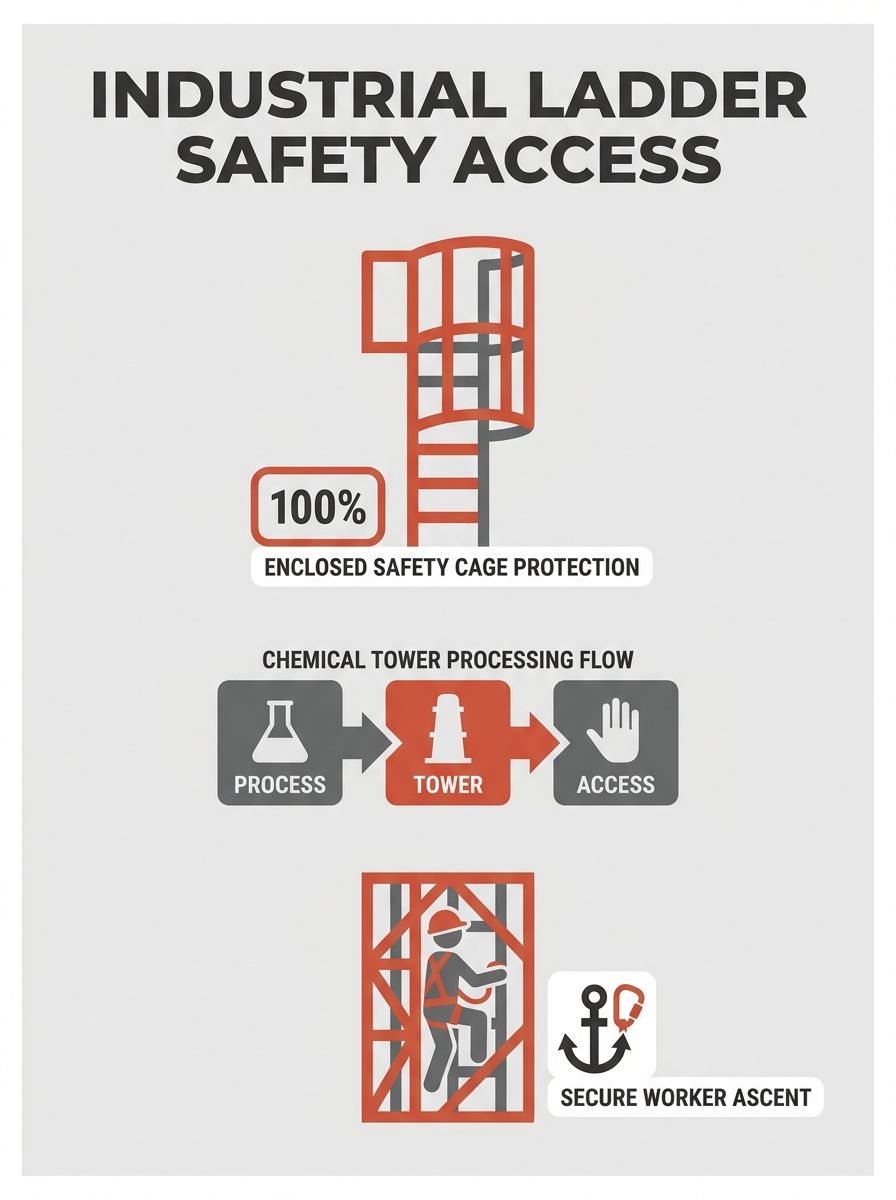 Fixed industrial ladder with safety cage extending up side of chemical processing tower
