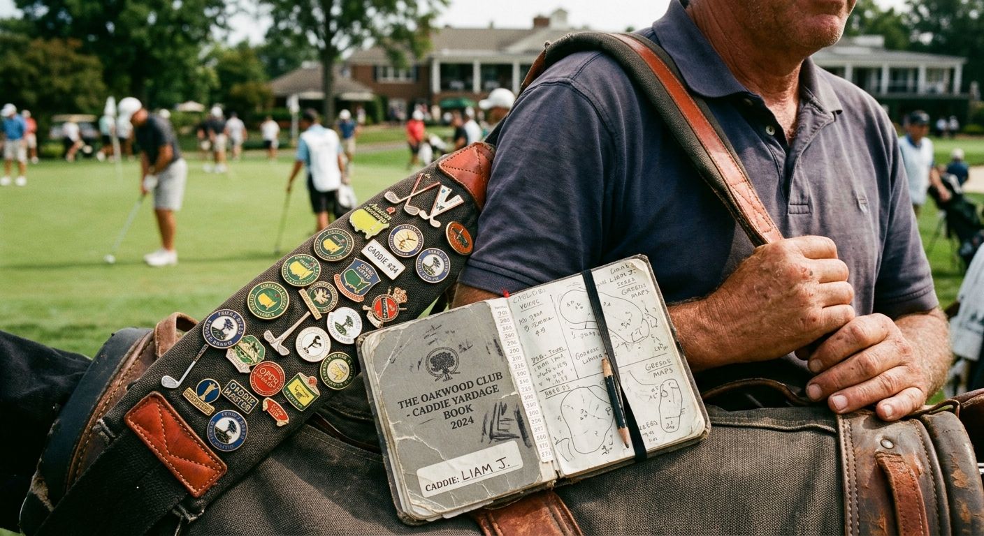 Close-up of golf caddie pins and yardage book on course