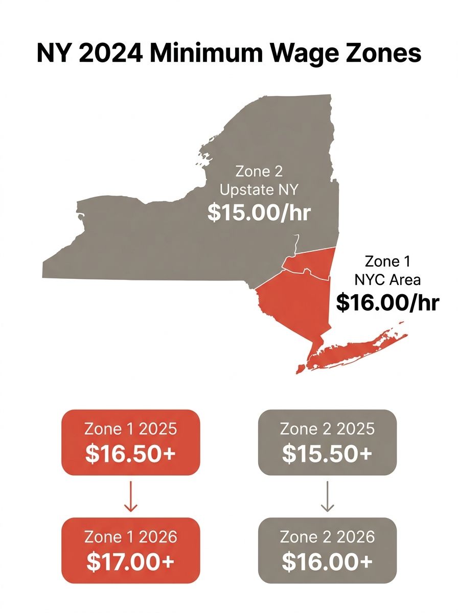 An infographic map of New York State showing the two minimum wage zones, with Zone 1 (NYC, Long Island, Westchester) highlighted at $16.00/hr and Zone 2 (rest of state) at $15.00/hr for 2024, with 202