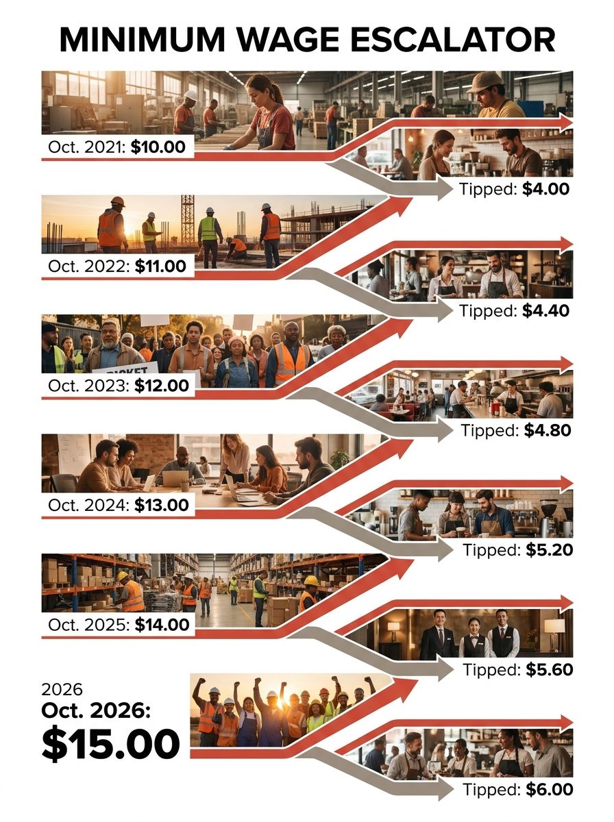 infographic showing the six-step escalator from $10.00 in 2021 to $15.00 in 2026, with each step labeled by date and dollar amount, and a parallel tipped wage track running below the main line