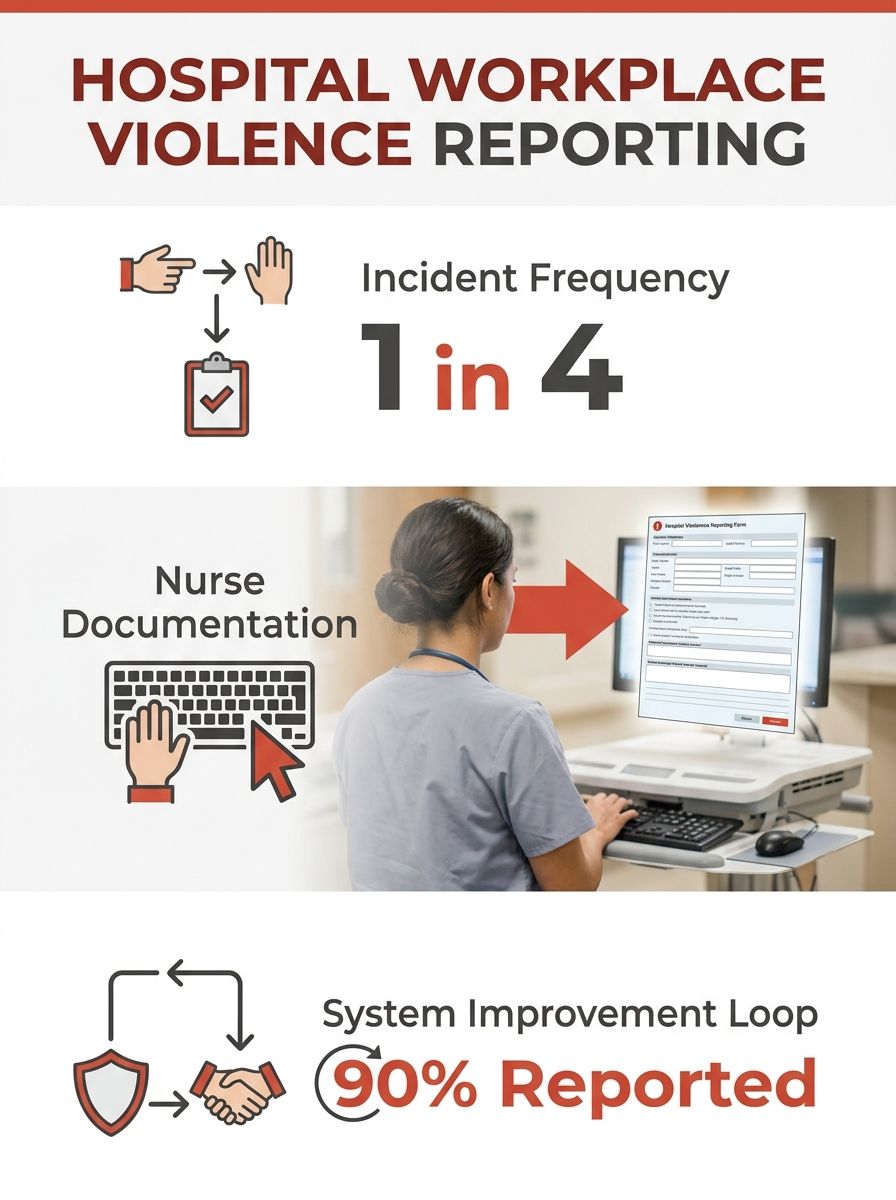 Emergency department nurse documenting workplace violence incident at hospital workstation